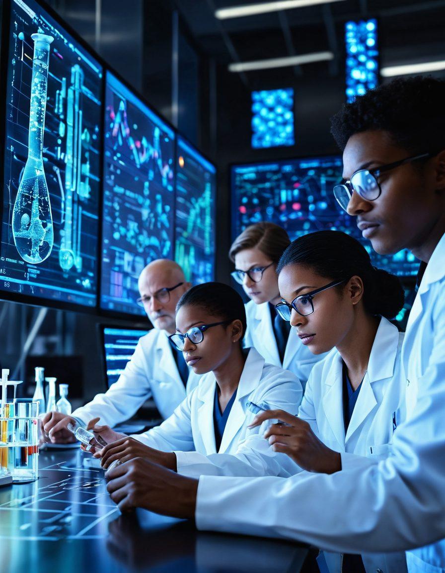 A powerful image depicting a diverse group of scientists and researchers in a high-tech laboratory setting, collaboratively examining data on digital screens. One researcher is holding a glowing vial symbolizing breakthrough treatments. The background shows charts and molecular structures, symbolizing progress in cancer research. The overall atmosphere is one of hope and innovation. super-realistic. vibrant colors. 3D.