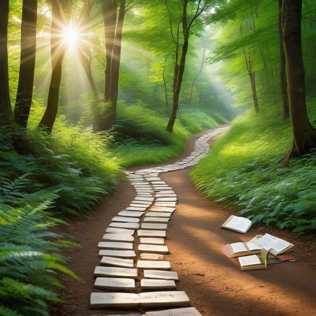 A serene path winding through a lush green forest, with sunlight filtering through the leaves, symbolizing hope and healing. Along the path, various resources like books, wellness tools, and supportive community symbols are subtly placed to represent strategies for cancer wellness. In the background, a comforting figure is guiding others, showcasing compassion and support. The colors are soft and inviting to evoke a sense of peace and encouragement. painting. vibrant colors.