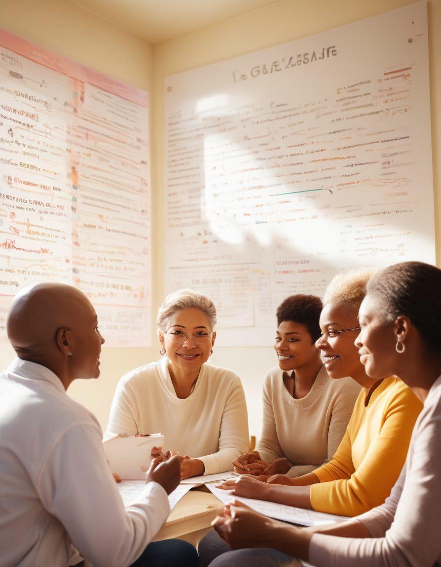 A hopeful scene depicting a diverse group of cancer survivors engaged in a supportive workshop, surrounded by visual representations of scientific breakthroughs like DNA strands and medical charts. Soft sunlight filtering through a bright, modern room filled with inspirational quotes on walls. Emphasize empowerment and unity with warm colors and smiles. super-realistic. soft focus. vibrant colors.